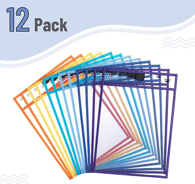 Mr. Pen- Reusable Dry Erase Pocket Sleeves, 10" x 14", 12 Pack, Colorful, Clear Plastic Paper Sleeves, Ticket Holders, Clear Plastic Sheet Protectors, Teacher, School, Classroom Supplies