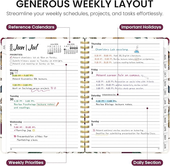 Planner 2026–2027, Academic Monthly Weekly Spiral Calendar, July 2026 – June 2027, Hardcover Agenda Notebook with Tabs, 6.3" x 8.5", Perfect for Students, Teachers, School & Daily Planning - Vineyard Birds