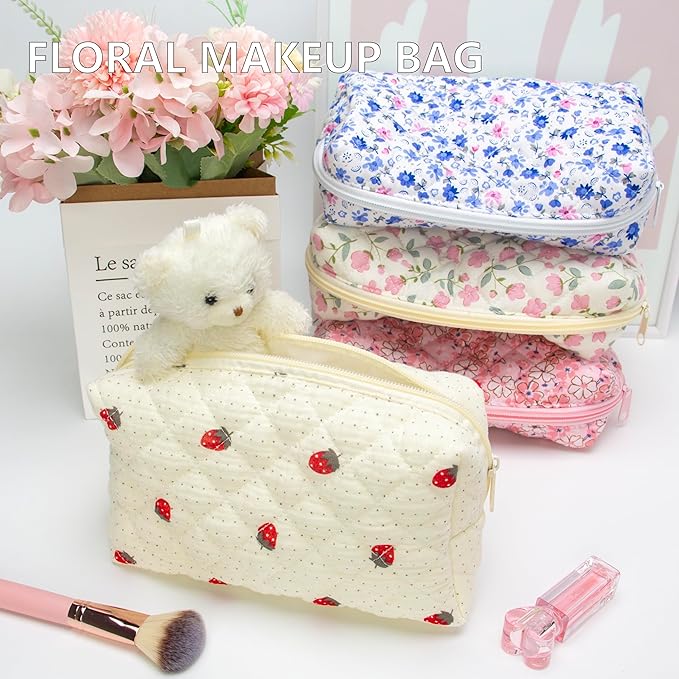 PAZIMIIK 6PCS Vintage Quilted Makeup Bag SET Cosmetic Pouch for Brushes Pencils and Travel Make Up Accessories for Women and Girls Gauze Strawberry