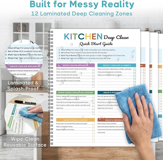 ADHD Cleaning Planner - Undated Blue House Cleaning Schedule & Chore Tracker Checklist for Adults. Dry Erase PVC Spiral Notebook for Daily Weekly Monthly Home Management