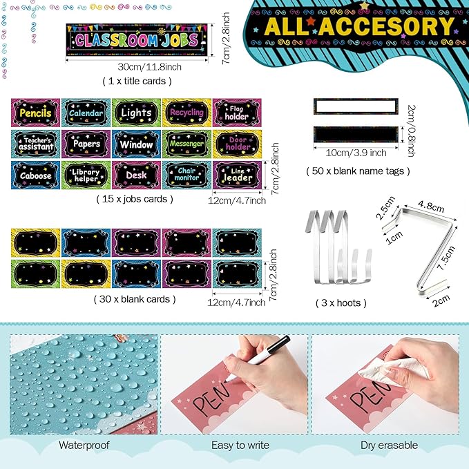 Qeeenar Classroom Jobs Pocket Chart with 96 Cards and 3 Hooks Class Management Educational Schedule for Teacher Back to School Supplies(Blackboard)