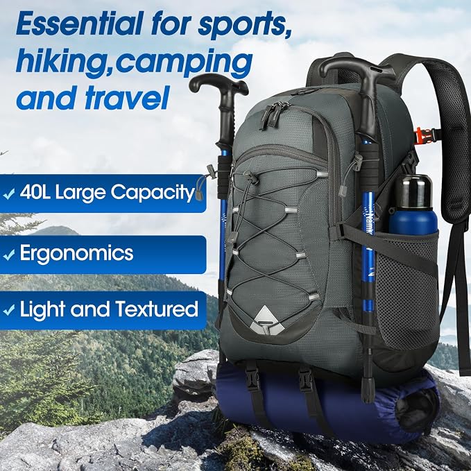 IGOLUMON Hiking Backpack 40L Packable Lightweight Camping Daypack Men Women | Multi-compartment storage Water-resistant Foldable Nylon Material Hiking Day pack for Camping Cycling Outdoor