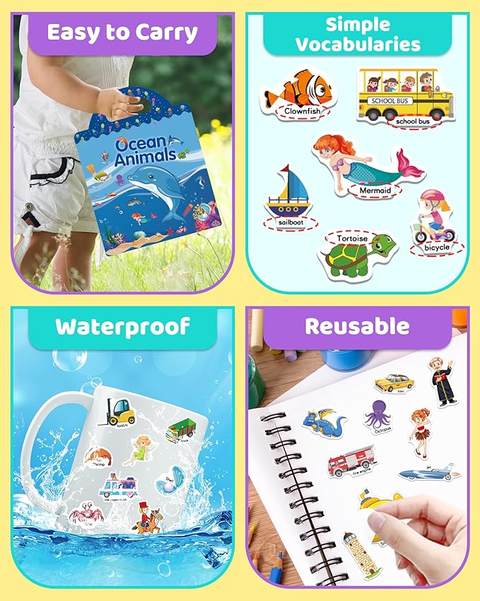 Benresive Reusable Sticker Book for Toddlers, Stickers for Kids, Travel Toys for Arts & Crafts Activities, Birthday Gift for Boys & Girls, Ocean Animals, Fairy and Vehicle Themes