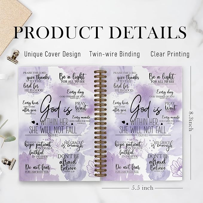 QLMX Purplle Christian Gifts for Women Spiral Notebook, God Is Within Her She Will Not Fall Journal Notebook, Bible Notebooks for School Work, Inspirational Religious Office Supplies Gifts, 5.5x8.3In