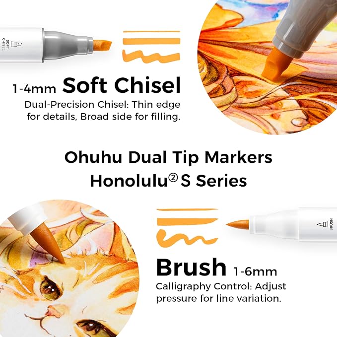 Ohuhu Alcohol Markers 48 Colors Brush& Soft Chisel AP Certified Refillable