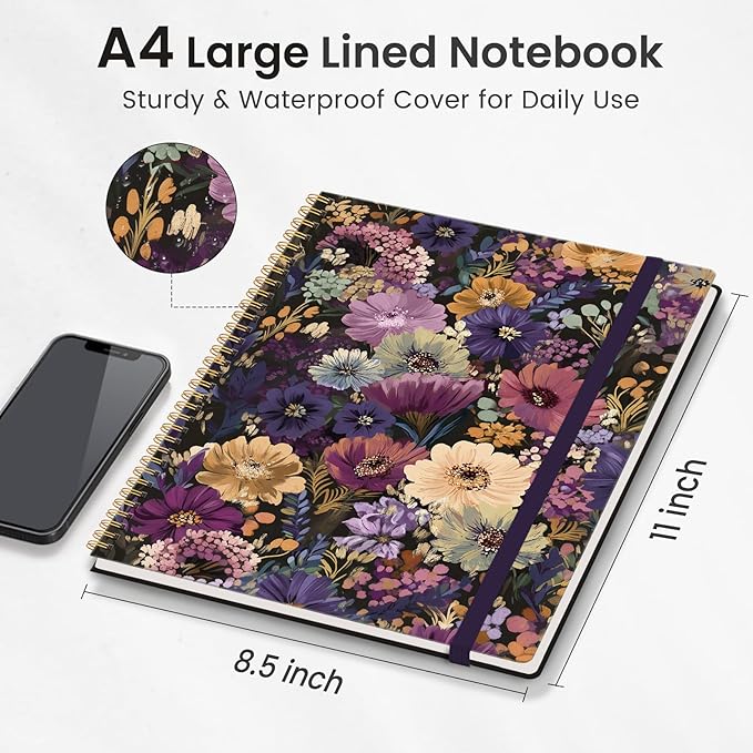 Taja Large Spiral Lined Journal for Women, 8.5" x 11" Notebooks for Work Collge Ruled, A4 Aesthetic Cute Journaling Notebooks for Writing, Plastic Cover, Midnight Bloom