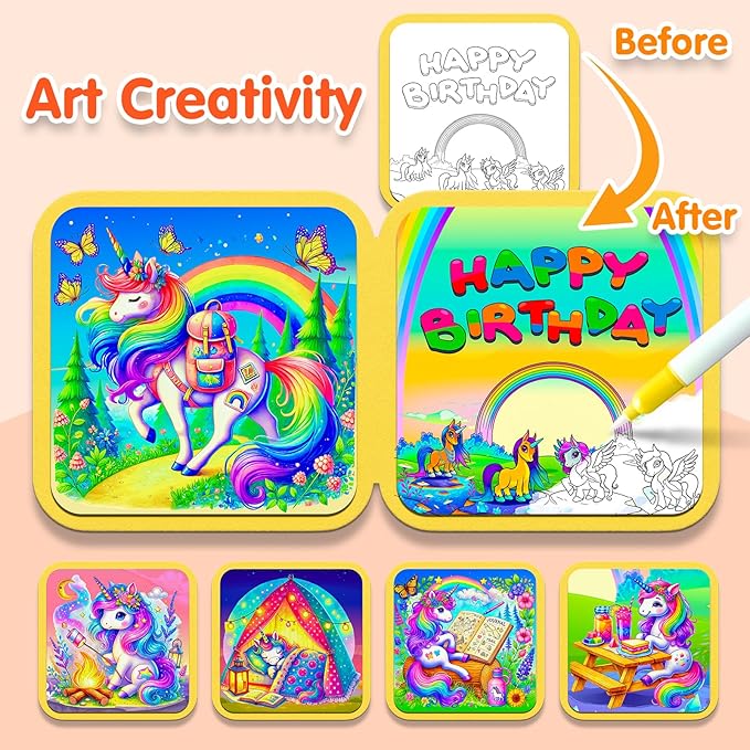 ZHOC Reusable Water Painting Books for Kids – Magic Water Reveal Coloring Books with Water Pens (Unicorn) No-Mess Coloring Book Fun Travel Activity for Ages 3 4 5 6 7 8