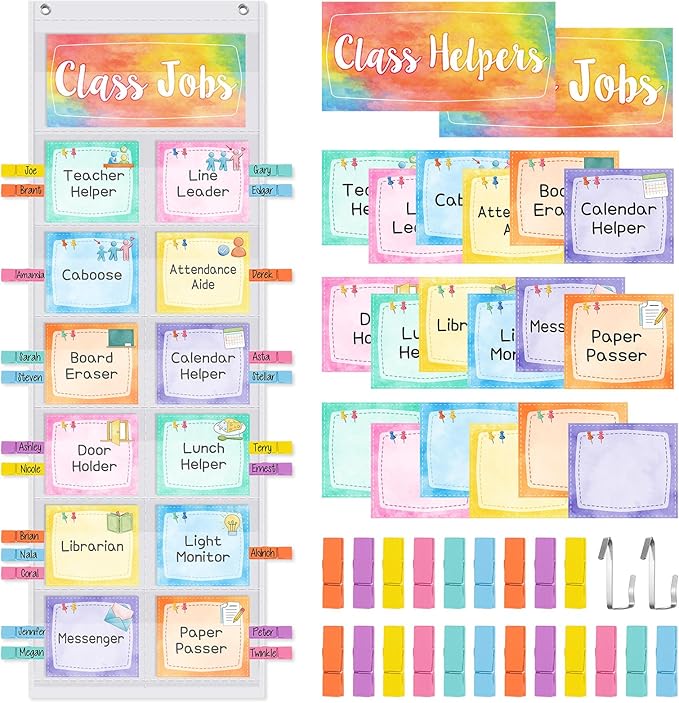 Pasimy Watercolor Class Jobs Pocket Chart Class Helpers Pocket Chart Classroom Jobs Cards with Clips and Hooks Teacher Helper Bulletin Board Set for Back to School Classroom Teacher Supplies