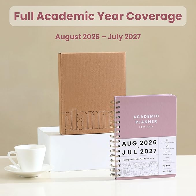 Academic Planner Aug 2026-July 2027, A5 Size, Student Planner with Monthly & Weekly Layout, Spiral Planner with Tabs, Class Schedule, Major Deadlines & Project Planning (Pink)