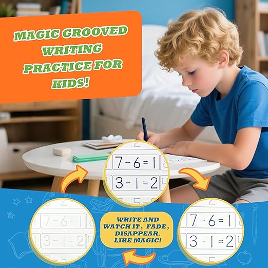 Magic Grooved Writing Practice for Kids Ages 3–8, Reusable Handwriting Workbooks with Deep Tracing Grooves – Letters, Numbers, Math & Drawing – Disappearing Ink Pens & Grips – Great Gifts for Kids