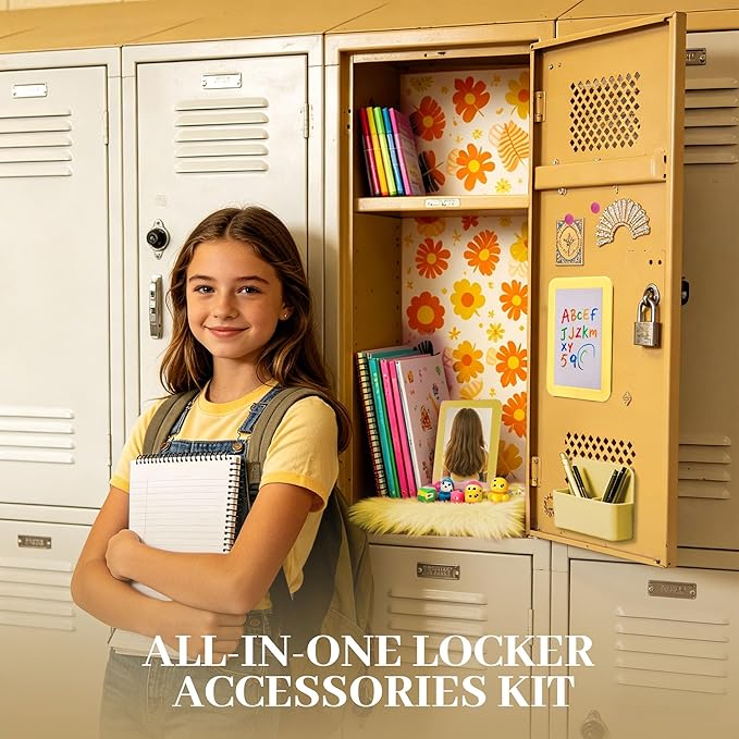Elfcool 13 Pcs Locker Accessories Kit, Locker Decorations for Girls Boys Magnetic Pen Holder, Mirror, Whiteboard, Wallpaper, Magnets, Plush Rug, String Light, Back to School Essentials (Yellow)