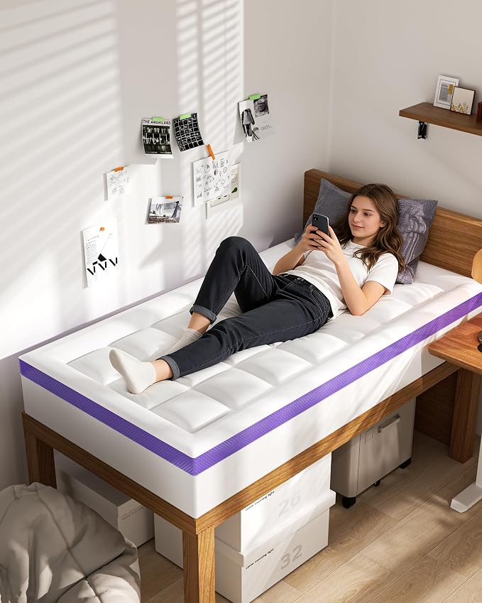 Dorm Room Essentials Dual Layer 4 Inch Memory Foam Mattress Topper Twin XL | 2 Inch Gel Memory Foam and 2 Inch Pillow Top Mattress Pad for Back to School , 7-Zone Egg Crate & 2-in-1 Design (White)