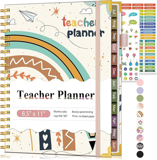 Teacher Planner 2026-2027, July 2026 - June 2027, Academic Weekly & Monthly Calendar Planner with Tabs, 8.5" x 11" A4 Teacher Lesson Plan Book with 7 Periods, Daily Agenda School Organizer for Teacher Student Homeschool, Rainbow