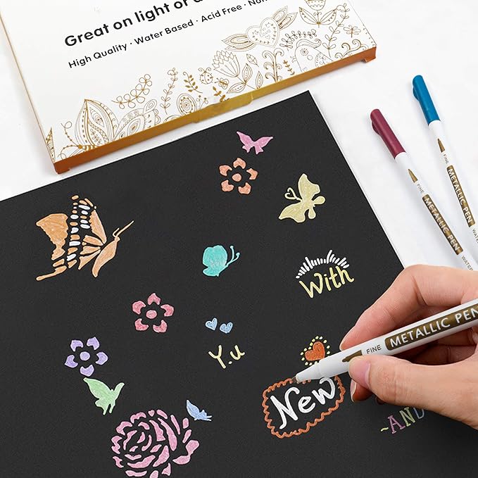 Lineon 30 Pack Metallic Marker Pens, 24 Colors Fine Tip Paint Pens with 6 Stencils for Black Paper DIY Craft Photo Album Rock Art Painting Card Making Glass Wood
