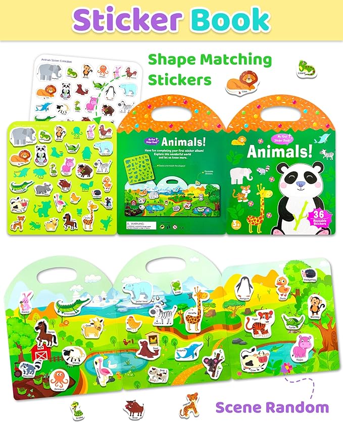 Benresive Reusable Sticker Book for Toddlers, Stickers for Kids, Travel Toys for Arts & Crafts Activities, Birthday Gift for Boys & Girls, Animals Themes