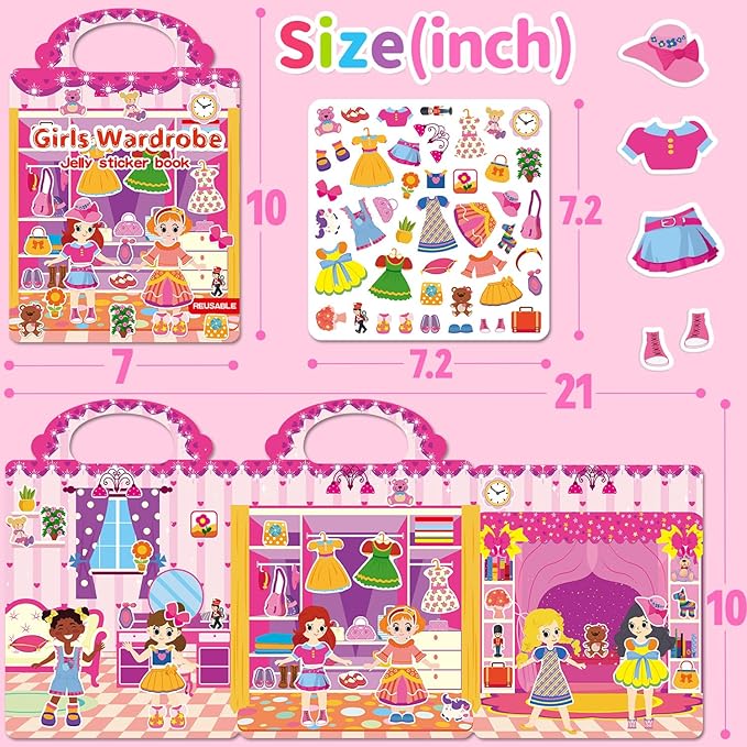 3 Sets Reusable Sticker Book for Toddlers 3-6, Jelly Sticker Books for Toddler, Travel Sticker Activity Toys for Kids 3 4 5 6 Years Old Girls (Unicorn+Magic+Wardrobe)