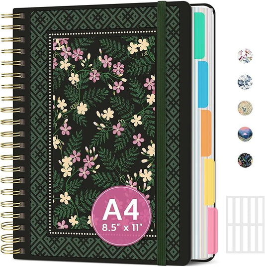 Large Lined Spiral Journal for Women Cute Hardcover 5 Subject Notebook for Work 8.5" x 11" with Removable Dividers & Tabs, College Ruled, 280 Pages Aesthetic Journal for Work, School & Note Taking, Forest Lace