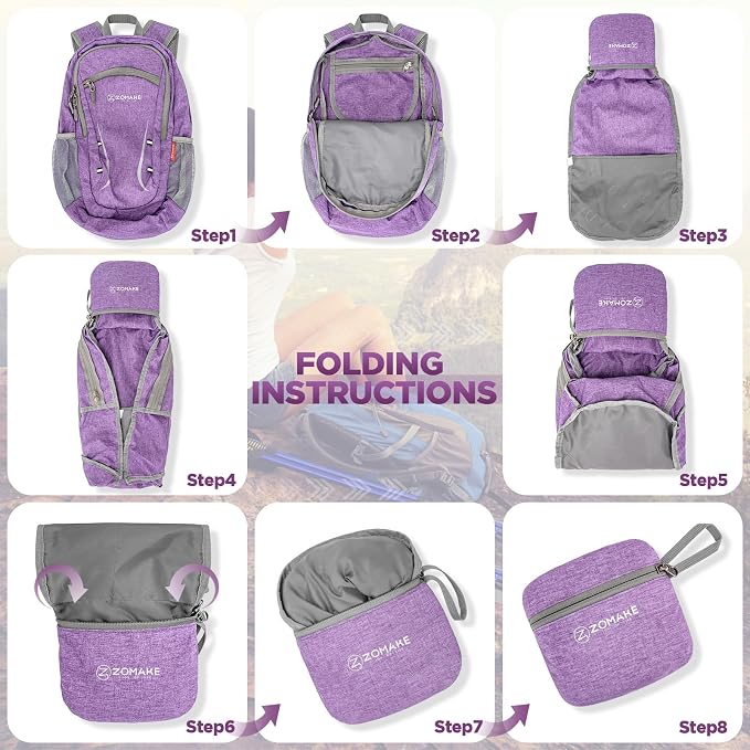ZOMAKE Lightweight Packable Backpack, 20L Small Foldable Daypack for Hiking | Water Resistant Collapsible Backpacks for Women Men, Everyday Carry, Multi Compartment Storage,Adjustable Strap(Light Purple)