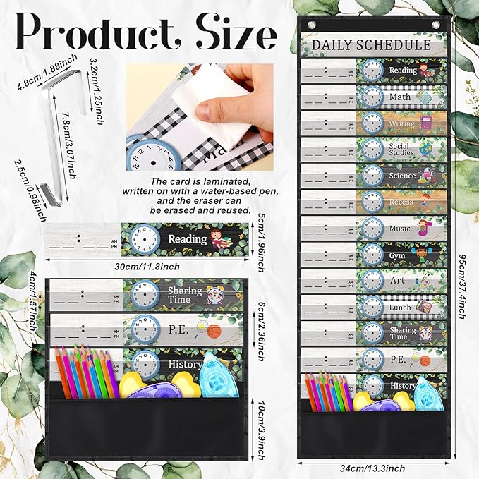 Chiisong Daily Schedule Pocket Chart, Boho 14+1 Pocket, with 40 Pcs Reusable Dry Eraser Cards Calendar for Classroom Toddler Schedule Chart Office Home Activity(Eucalyptus Style)