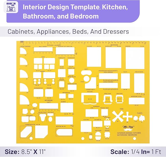 Mr. Pen- House Plan, 3 pcs, Interior Design and Furniture Templates, Clear Flexible Plastic, Drafting Tools, Ruler Shapes for Architecture, 1/4 Inch Scale, Kitchen, Bath, Bedroom, Office, Living Room