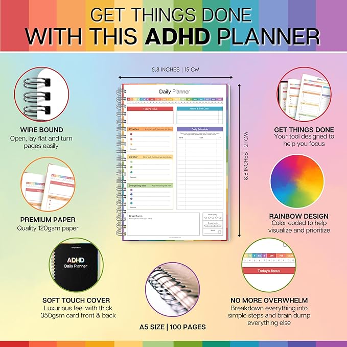 ADHD Daily Planner for Neurodivergent Adults - Productivity Daily Planner & Task Management to Stay Organized and Focused (Colorful)