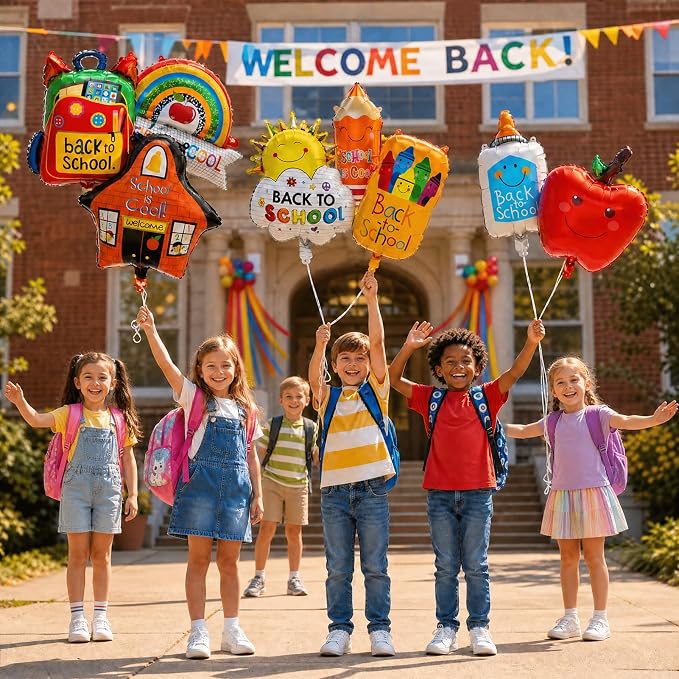 8PCS Back to School Balloons Set, Apple School Backpack Pencil Rainbow Crayon Correction Fluid Bottle Sun Balloons, Classroom Decorations for First Day of School Welcome Party Supplies