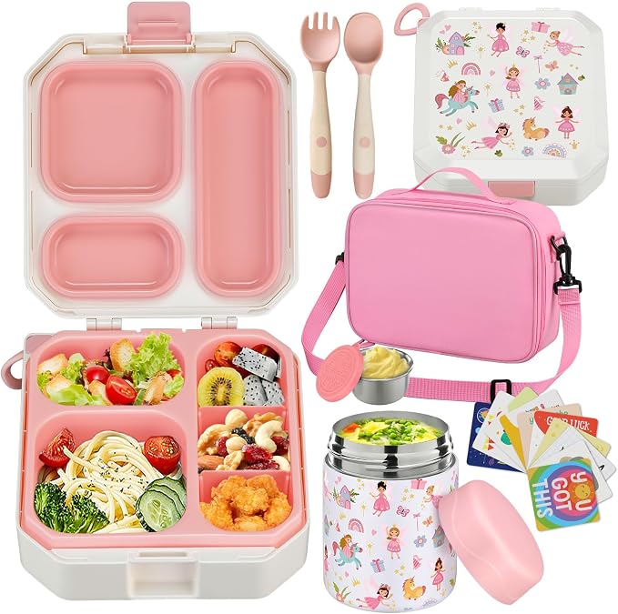 wiwens Bento Lunch Box for Kids with 12oz Soup Thermo Leak-Proof Lunch Food Container with 5 Compartment Thermo Hot Food Jar and Insulated Lunch Bag for Kid Toddler Girls Boys to School