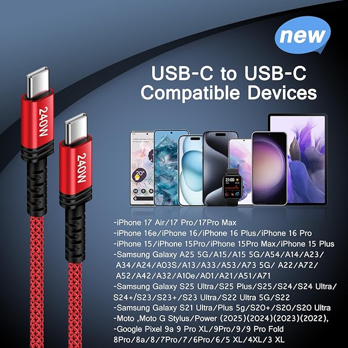 240W USB-C Charger Cable Fast Charging Cord for iPhone 17 17 Pro Max 16 Plus 16E 15 Pro Max,3FT USB C to USB C iPhone 16e Carplay USBC Cable Fast Charger Lead for Samsung Galaxy S25 S26/S26 Ultra/S26+