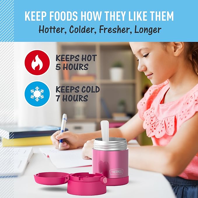 THERMOS FUNTAINER Insulated Food Jar, 10 Ounce, Kid Friendly Food Jar with Foldable Spoon, Pink