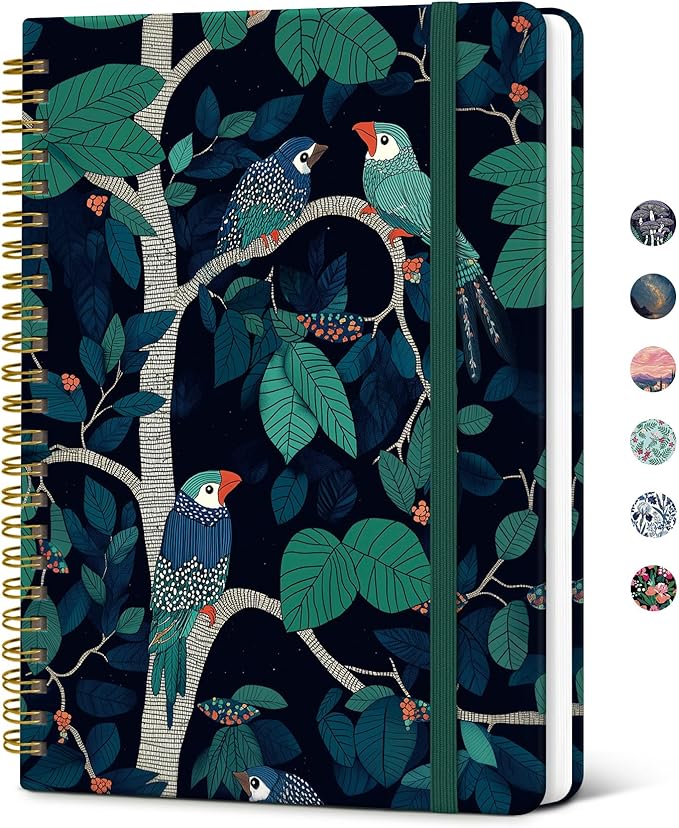 Taja Lined Spiral Journal Notebook for Women, Pretty College Ruled Notebook for Work & Note Taking, A5 Hardcover Journal for Writing, Cute Aesthetic 140 Pages, Midnight Aviary