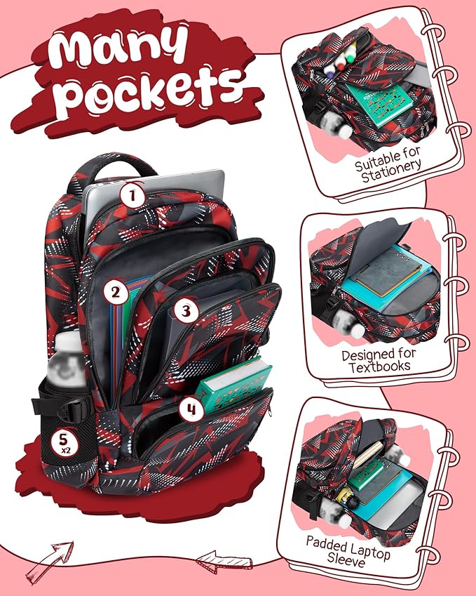 BLUEFAIRY Kids School Backpack for Boys Girls Ages 6-8 8-10 10-12 Elementary Middle School Book Bags with Laptop Compartment Mochilas Escolares para Niños Niñas de 8 10 12 Años (Red, Geometric)