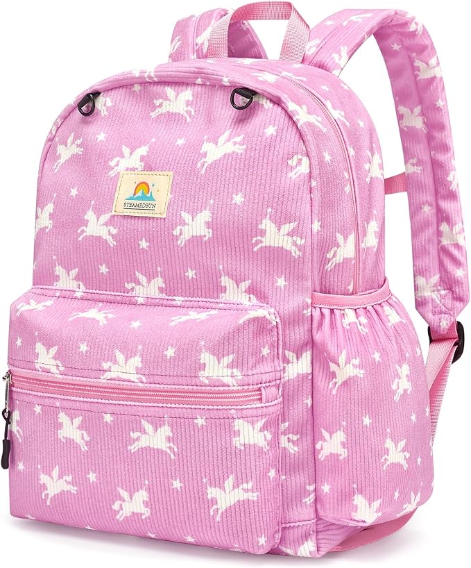 STEAMEDBUN Corduroy Kids Backpack for Girls and Boys 5-8: Girls Backpack for Elementary Kindergarten - 15 inch Cute Backpacks for Kids - Pink Unicorn