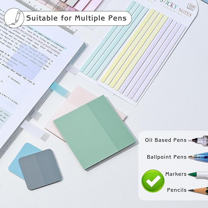 870 Sheets Transparent Sticky Notes, Clear 3 x 3 Square Sticky Notes with Marker, Waterproof Translucent Annotation Index Tabs for Bible Study Journaling Supplies