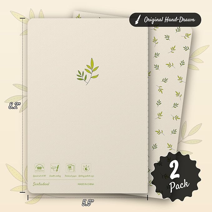 Stitched Composition Notebooks 2-Pack with Unique Art Designed Cover, A5 Lined Diary, Lay Flat Design, 80 Pages, Thicked Paper Writes Smoothly for School and Office (Fresh Green Leaves)