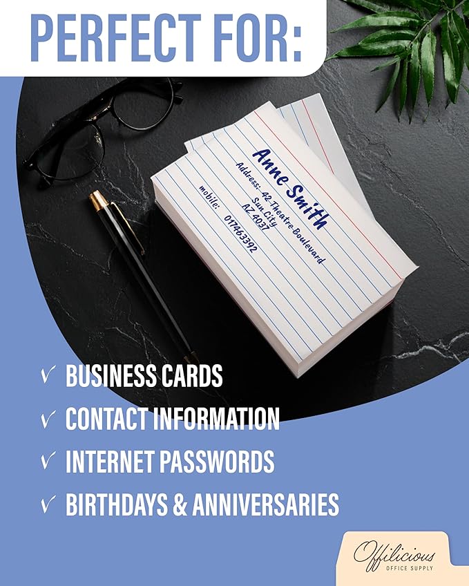 OFFILICIOUS Ruled Index Cards 3x5 — Durable Blank Cards Bulk for Writing Recipes, Notes & Flash Cards for Studying — 100 No Bleed-Through White Double-Sided Notecards 3x5 Lined & Blank