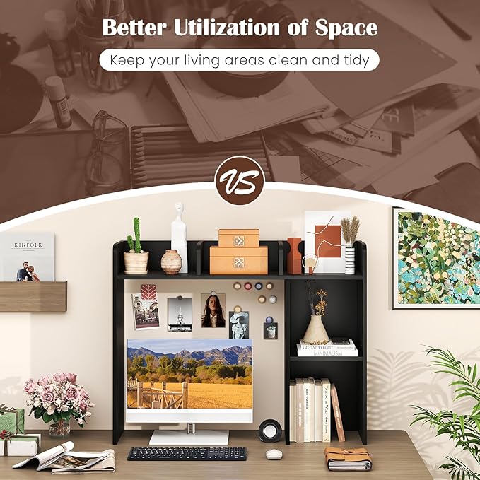 Giantex Desktop Bookshelf, Wood Desk Hutch Organizer for 27 Inch Computer Monitor, Countertop Storage Display Rack with 5 Shelves, Multipurpose Desktop Shelf Bookcase for Dorm Office Home, Black