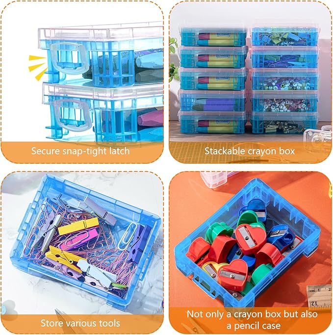 Suzile 25 Pcs Plastic Crayon Boxes with Snap Lids Crayon Storage Organizer Stackable Container Bulk Pencil Case for Pen Crafts Classroom Supplies(Blue)