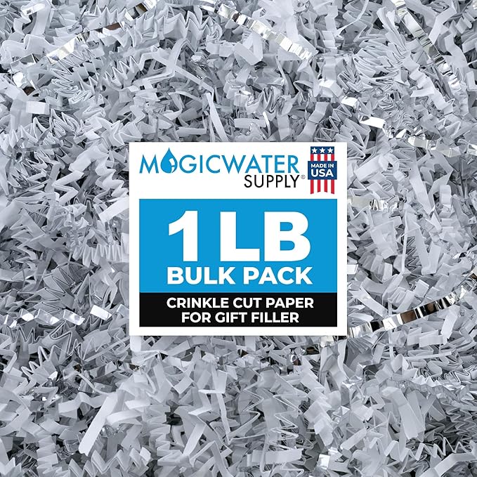 MagicWater Supply - 1LB - White & Silver - Crinkle Cut Paper Shred Filler great for Gift Wrapping, Basket Filling, Birthdays, Weddings, Anniversaries