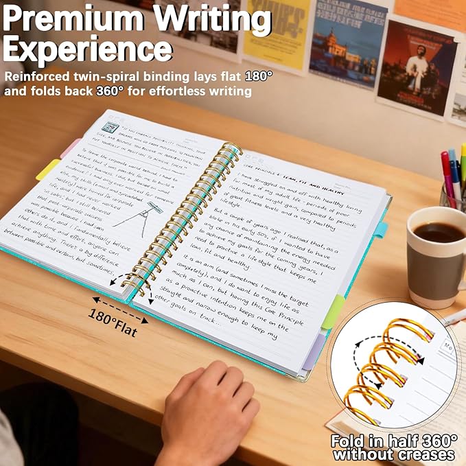 Hardcover Spiral Notebooks for Work 8.5''x 11'', 300 Pages 5 Subject Notebook with Dividers & Tabs, A4 Spiral Journal for Women, College Ruled Notebooks for School Note-Taking (Cyan)