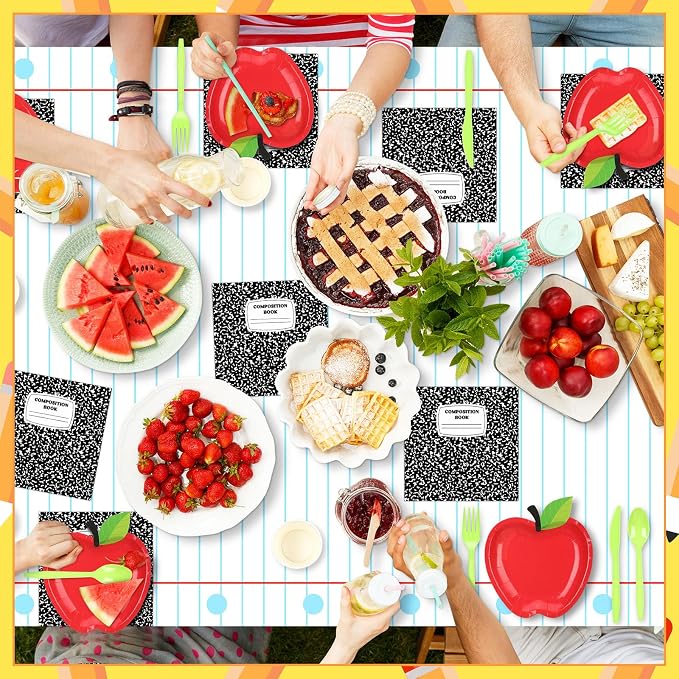 146 Pcs Back to School Decoration First Day of School Party Supply Apple Plate 24 Set Tableware Disposable 2 Notebook Tablecloth for Composition Classroom Decoration Preschool Kindergarten Party