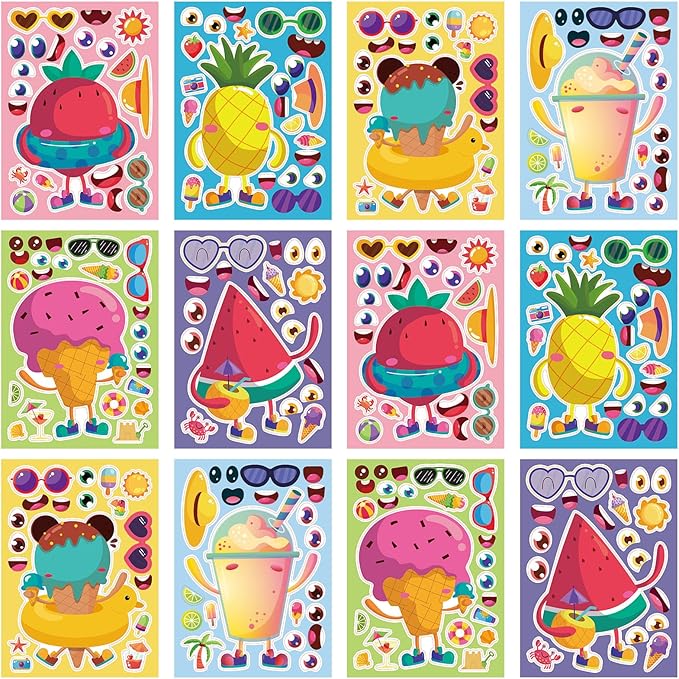 24 Sheets 8.27''×5.9'' Make Your Own Summer Stickers for Kids Toddlers, Make a Face Stickers for Kids Party Favors Activities