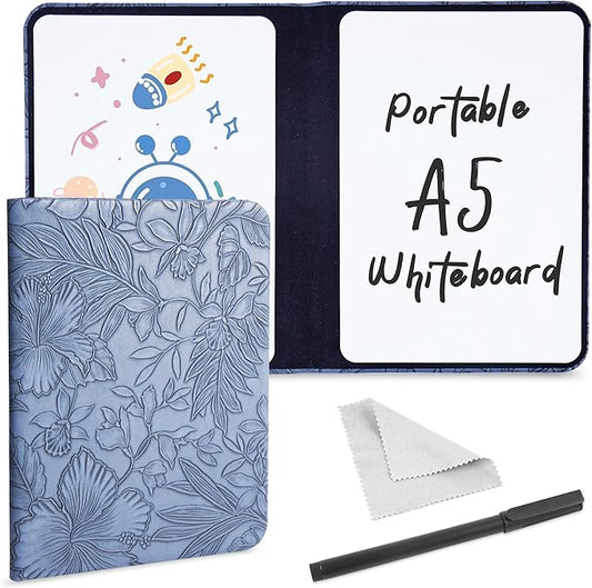 Portable Small White Board Dry Erase Board, Reusable 9.5 * 6.6in Notebook Memo, Office Home Supplies Desk Accessories(1-Carved Blue)