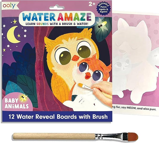 Ooly Water Amaze - Includes 12 Reveal Boards & Brush, Reusable Reveal Pads for Kids, Coloring Books for Toddlers, Paint with Water Books, Gifts for Kids - Baby Animals