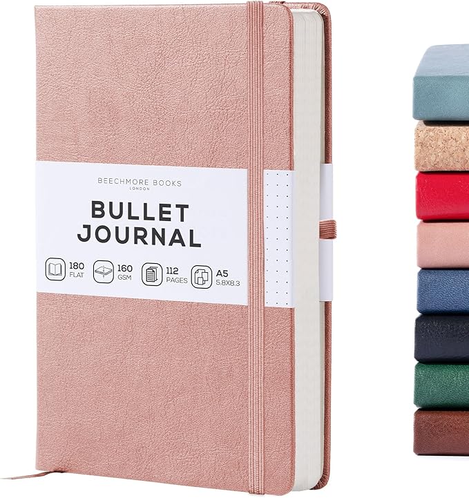 BEECHMORE BOOKS A5 Dotted Journal – 160gsm Thick Paper No-Bleed Bullet Notebook – Hardcover Dot Grid Logbook with Presentation Gift Box – Vegan Leather Sketchbook for Artists & Professionals