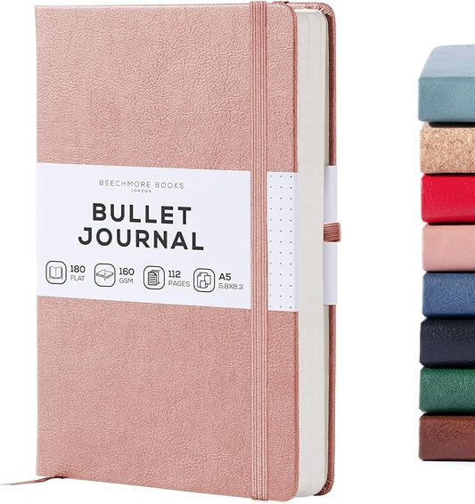 BEECHMORE BOOKS A5 Dotted Journal – 160gsm Thick Paper No-Bleed Bullet Notebook – Hardcover Dot Grid Logbook with Presentation Gift Box – Vegan Leather Sketchbook for Artists & Professionals