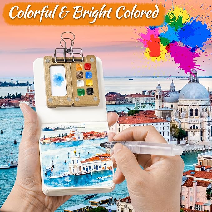 Mini Watercolor Paint set, Portable Watercolor Paint Travel Set, 12 Color Pocket Artist Watercolor Travel Kit with Picture Book, 8 Grids Portable Wooden Paint Palette for Painters, Artists, and Students