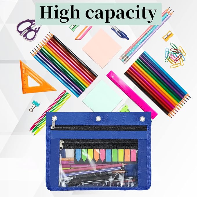 YoeeJob 2 Pack Expandable Pencil Pouches for 3 Ring Binders, Blue | 1-inch expansion, 2 clear PVC pockets, 3 holes, large-capacity storage for school and office supplies.