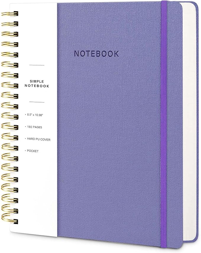 Spiral Notebook - 8.5 x 10.98 Inch Large Hard Cover Notebook with Elastic Band & Pocket, 180 Pages, Lay Flat Wirebound Journal for Work, School, Planning & Note Taking Violet