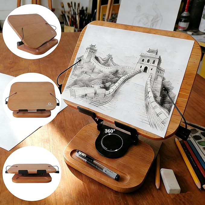 360° Rotating Solid Wood Book Stand - Adjustable Height & Angle, Built-in Storage Tray, Foldable Hands-Free Cookbook/Tablet/Laptop Holder for Kitchen/Office/Bedroom (No Assembly)