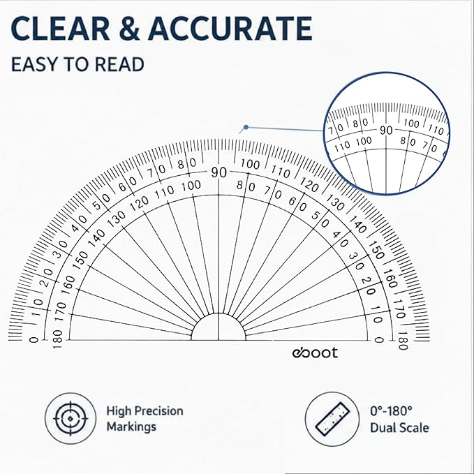 EBOOT 56 Pack Clear 180 Degree Plastic Protractors for Angle Measurement, 10 cm